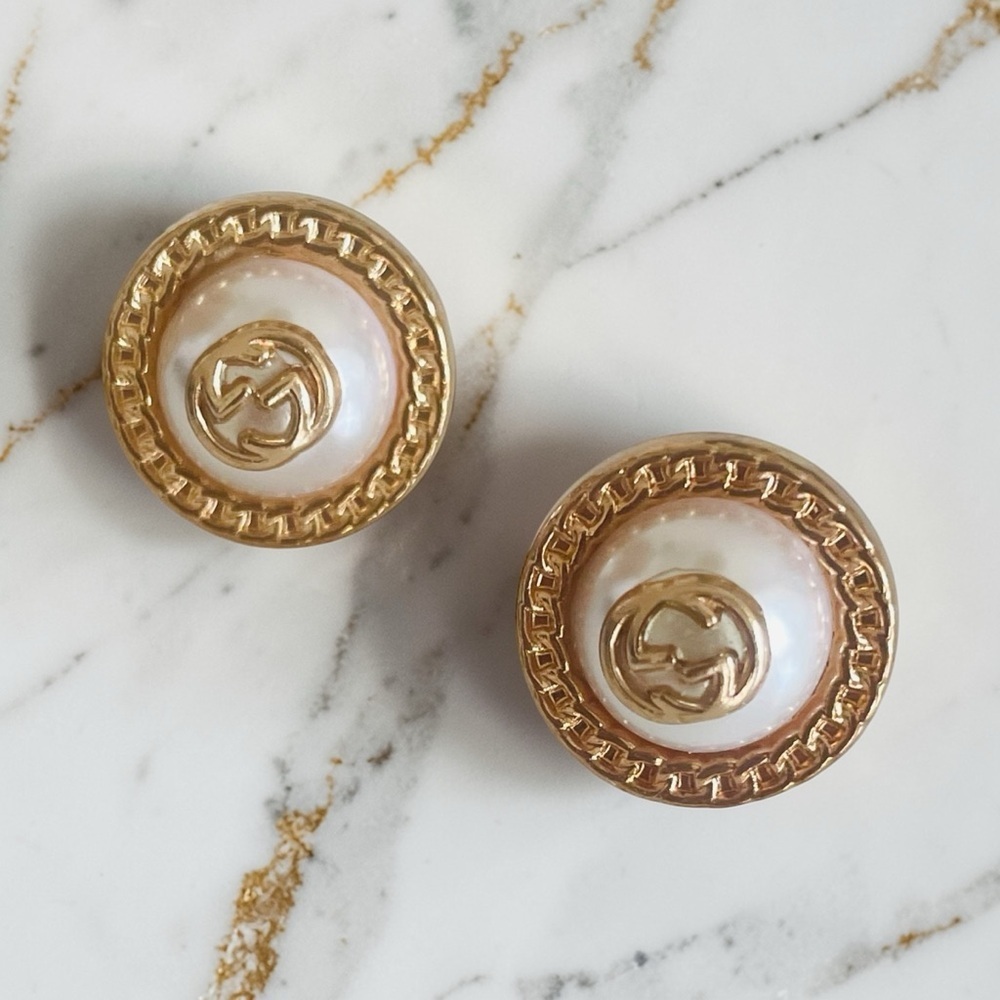 Luxury Faux Pearl/Gold Upcycled Logo Button Earrings 20mm
